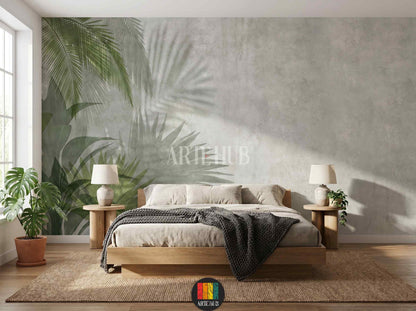 Luxury modern wallpaper mural featuring large green palm leaves and tropical shadows on a grey textured concrete wall in a minimalist bedroom setting in Egypt.
room: bedroom