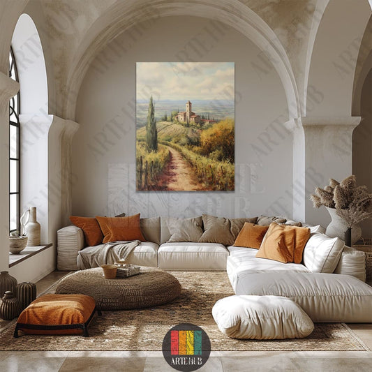 A scenic vertical canvas wall art painting showing a sun-drenched Tuscan landscape with a winding path and a rustic villa in a luxury living room in Egypt.