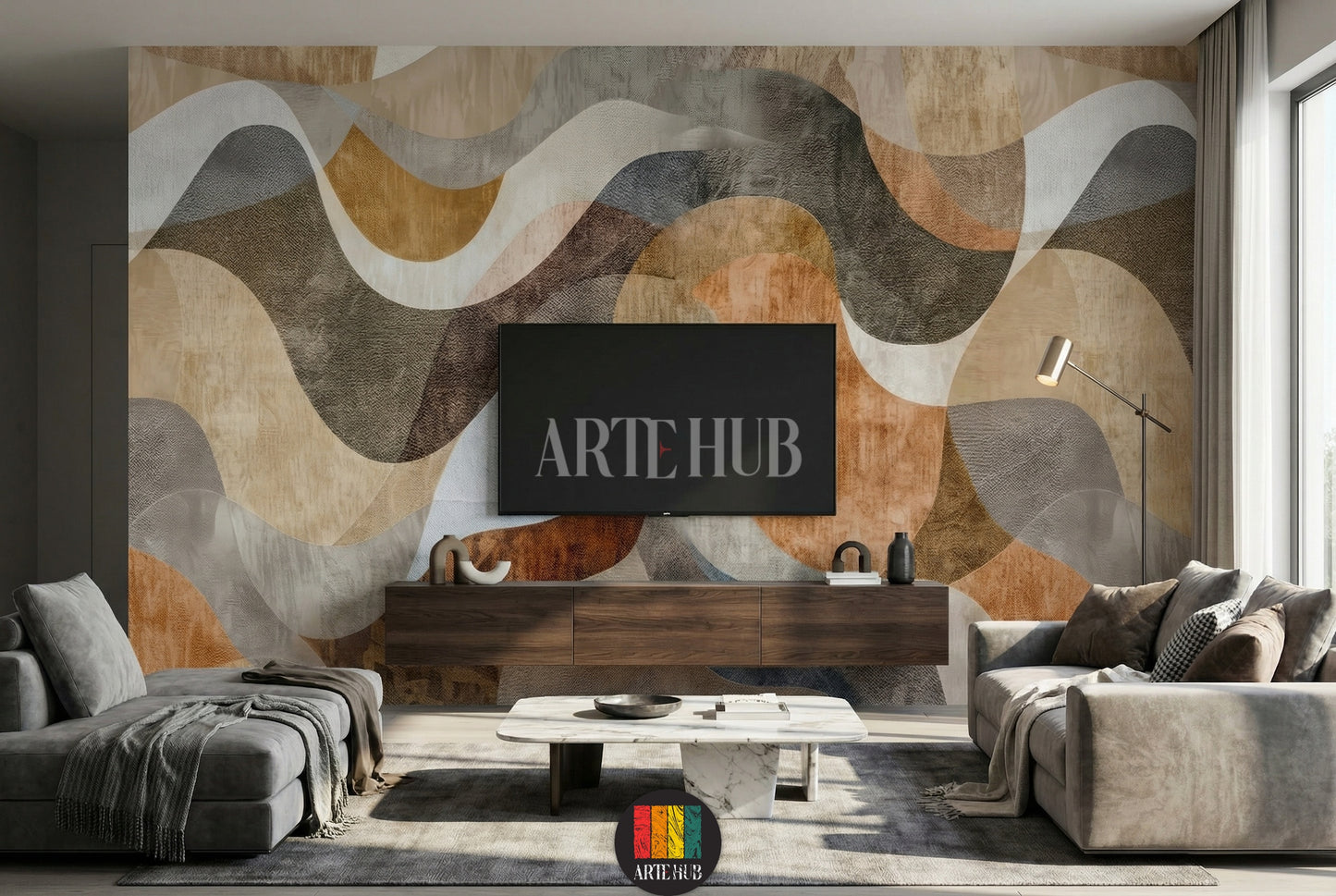 Full view of a modern living room featuring an abstract wavy pattern wallpaper in earthy tones of brown, beige, and grey. A neutral-colored L-shaped sofa with throw blankets and pillows sits against the wall. A dark wood coffee table with decor items, a TV unit, a floor lamp, and two brown leather armchairs are also visible, showcasing contemporary home decor in Egypt.
منظر كامل لغرفة معيشة عصرية تضم ورق حائط بتصميم أمواج تجريدية بألوان ترابية من البني والبيج والرمادي.  L بلون محايد 
room: tv