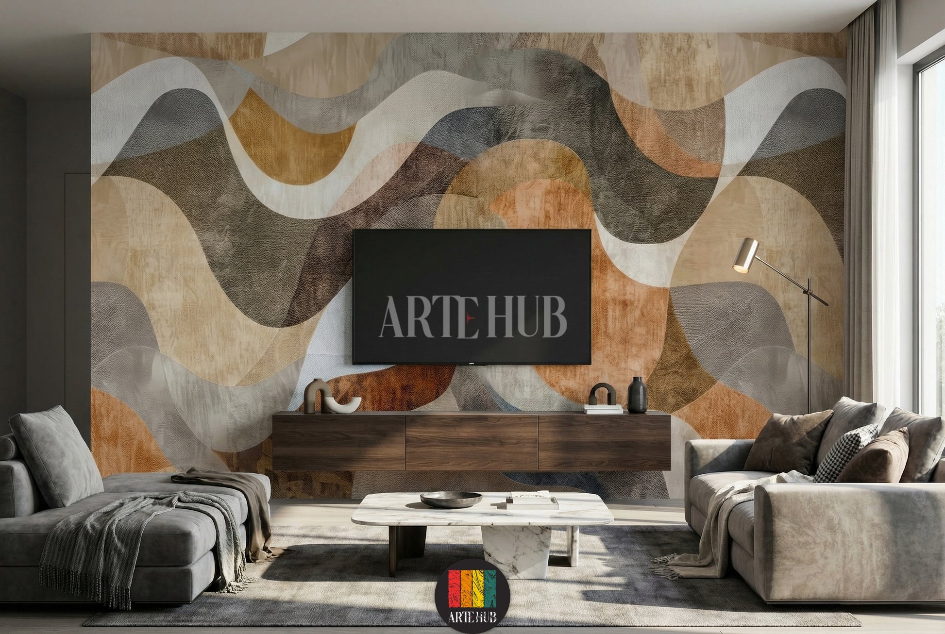 Full view of a modern living room featuring an abstract wavy pattern wallpaper in earthy tones of brown, beige, and grey. A neutral-colored L-shaped sofa with throw blankets and pillows sits against the wall. A dark wood coffee table with decor items, a TV unit, a floor lamp, and two brown leather armchairs are also visible, showcasing contemporary home decor in Egypt.
منظر كامل لغرفة معيشة عصرية تضم ورق حائط بتصميم أمواج تجريدية بألوان ترابية من البني والبيج والرمادي.  L بلون محايد 
room: tv