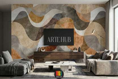 Full view of a modern living room featuring an abstract wavy pattern wallpaper in earthy tones of brown, beige, and grey. A neutral-colored L-shaped sofa with throw blankets and pillows sits against the wall. A dark wood coffee table with decor items, a TV unit, a floor lamp, and two brown leather armchairs are also visible, showcasing contemporary home decor in Egypt.
منظر كامل لغرفة معيشة عصرية تضم ورق حائط بتصميم أمواج تجريدية بألوان ترابية من البني والبيج والرمادي.  L بلون محايد 
room: tv