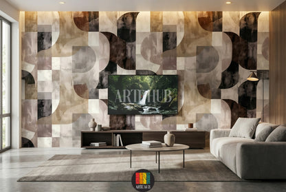 A living room featuring a modern geometric abstract wallpaper with interlocking arcs and squares in earthy tones of brown, beige, grey, and black, enhancing contemporary interior decor in Egypt. A white sofa, gold coffee table, and pampas grass complete the stylish setting.
غرفة معيشة حديثة تتميز بورق حائط بتصميم هندسي تجريدي بأقواس ومربعات متداخلة بألوان ترابية من البني والبيج والرمادي والأسود، مما يعزز الديكور الداخلي المعاصر في مصر.  
room: tv