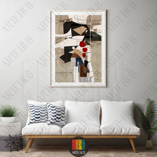 Sophisticated geometric canvas wall art featuring earth tones with bold red and blue accents, perfect for modern luxury home decor in Egypt.
