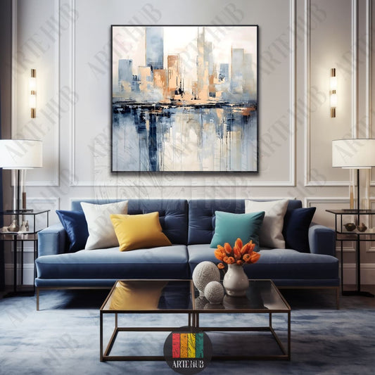 A modern abstract city skyline canvas wall art featuring blue and gold architectural reflections in a luxury Egyptian living room setting.