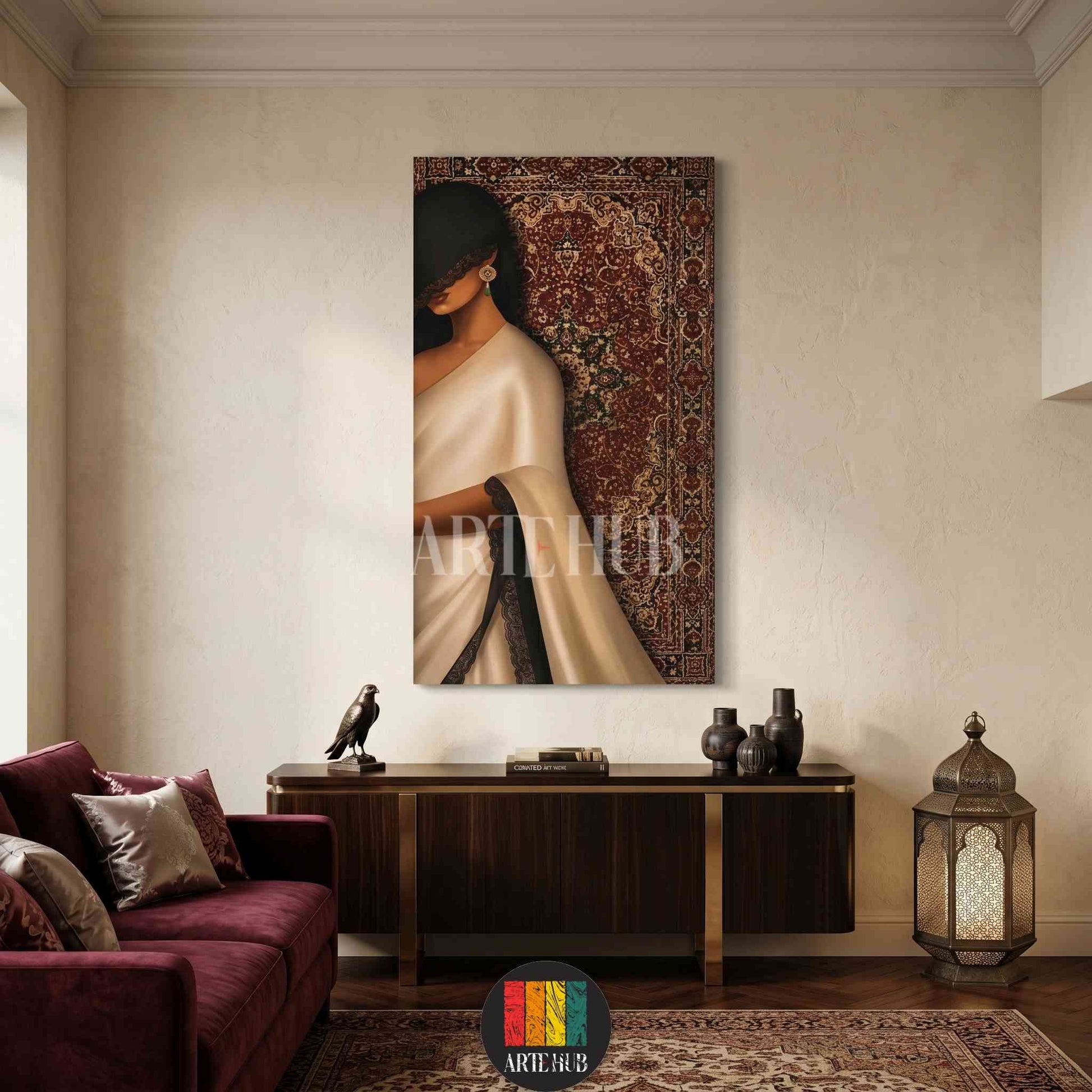 Vertical canvas wall art of a woman in a white saree and black lace veil against a vintage Persian rug pattern for luxury home decor.