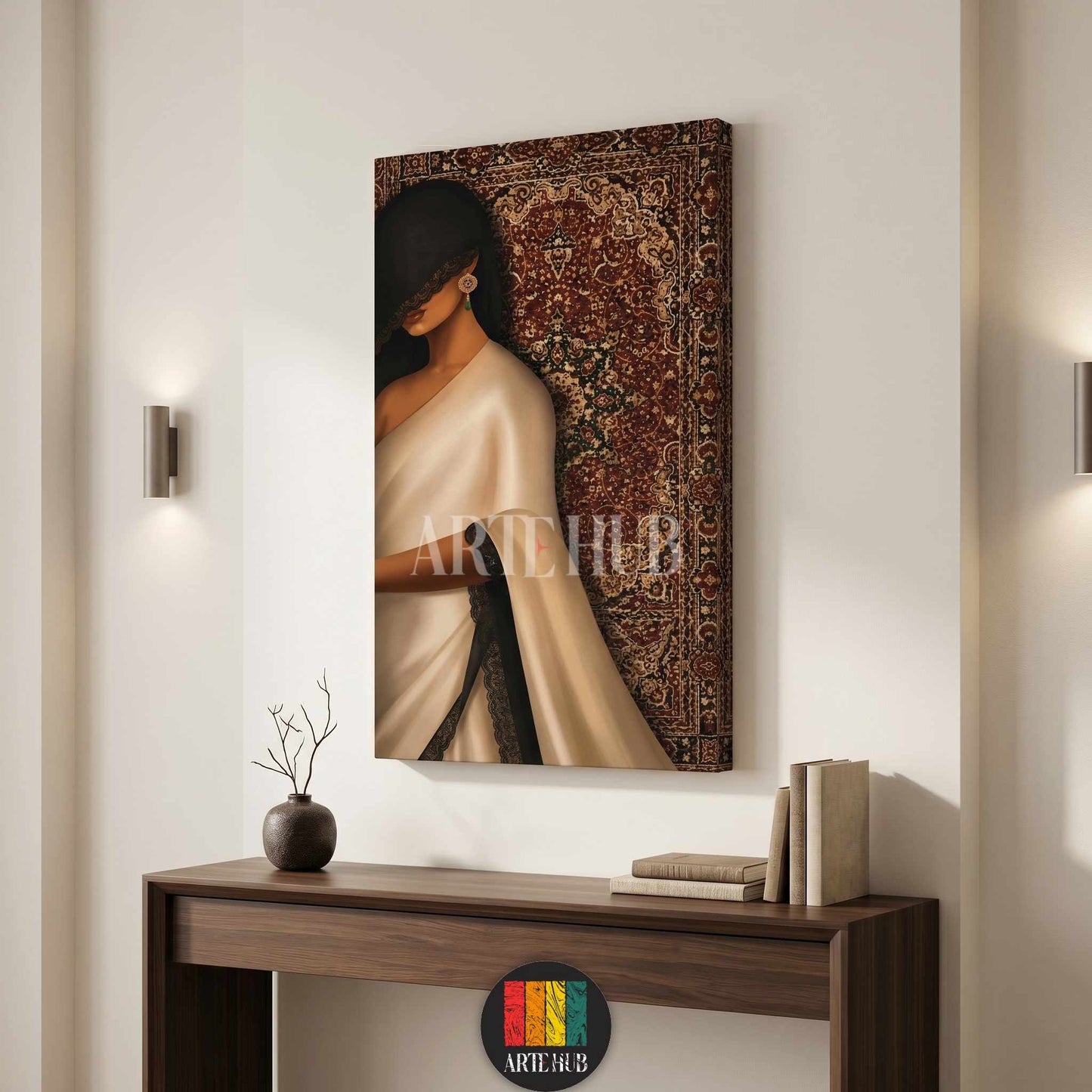 Elegant portrait of a veiled woman in a white silk dress against a Persian rug background, luxury canvas wall art for modern home decor in Egypt.