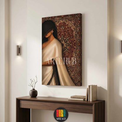 Elegant portrait of a veiled woman in a white silk dress against a Persian rug background, luxury canvas wall art for modern home decor in Egypt.