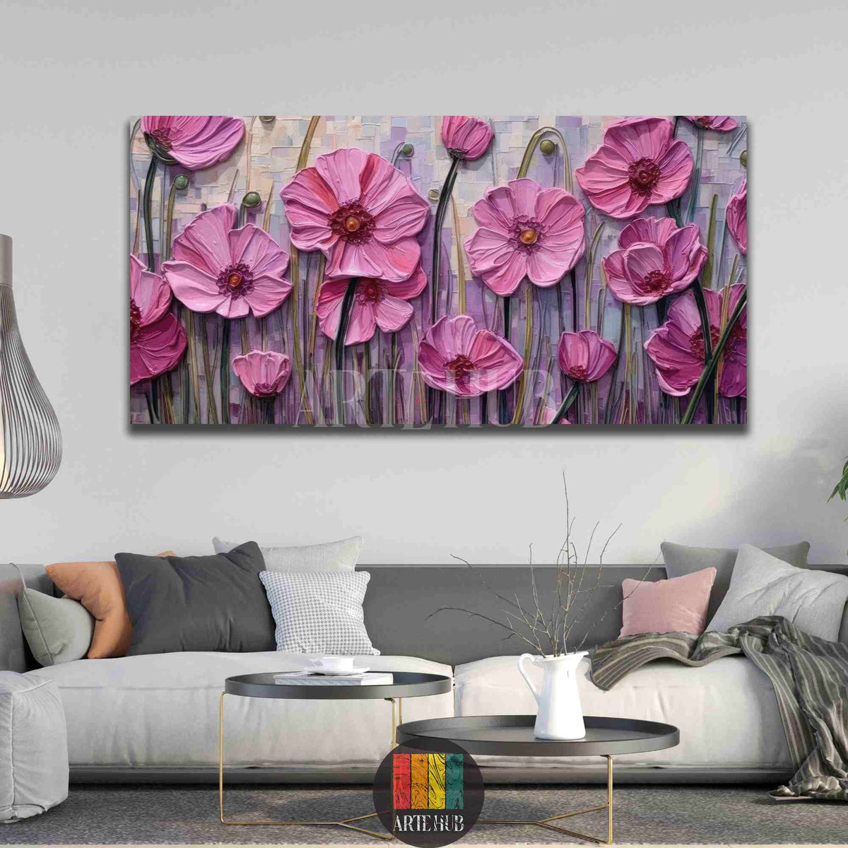 3D textured pink poppy flowers canvas wall art for a modern living room in Egypt, featuring thick impasto brushstrokes and vibrant floral details.