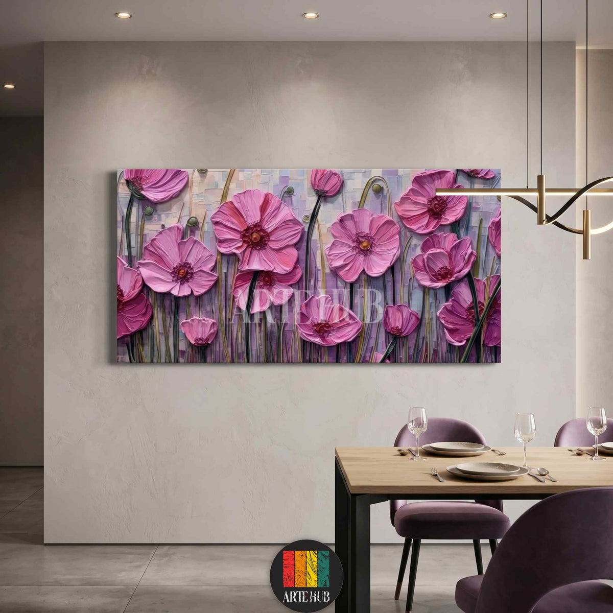 Large 3D textured pink poppy flower canvas wall art in a modern dining room setting, luxury home decor in Egypt.