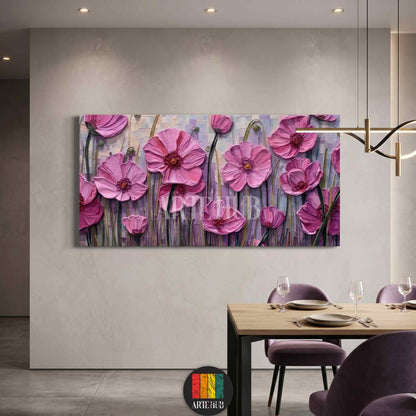 Large 3D textured pink poppy flower canvas wall art in a modern dining room setting, luxury home decor in Egypt.