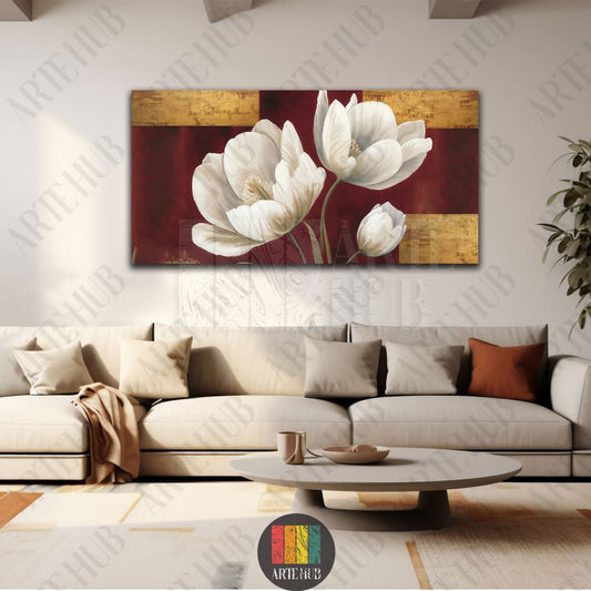 Elegant white floral canvas wall art with red and gold abstract backgrounds, styled in a modern luxury living room in Egypt.