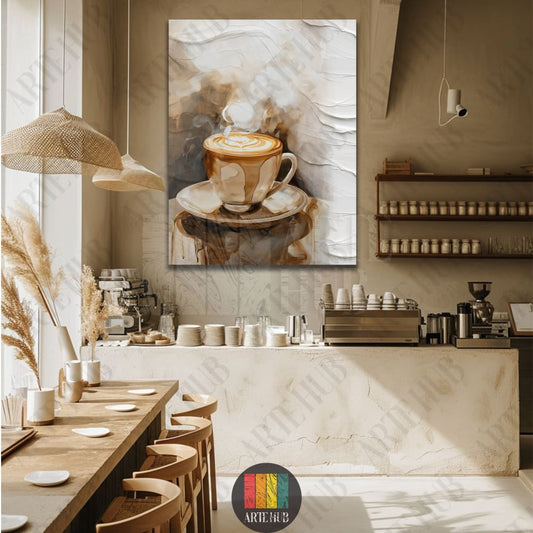 Impressionist style canvas wall art featuring a steaming cup of cappuccino with rich textures and earthy tones, perfect for a modern cafe or kitchen in Egypt.