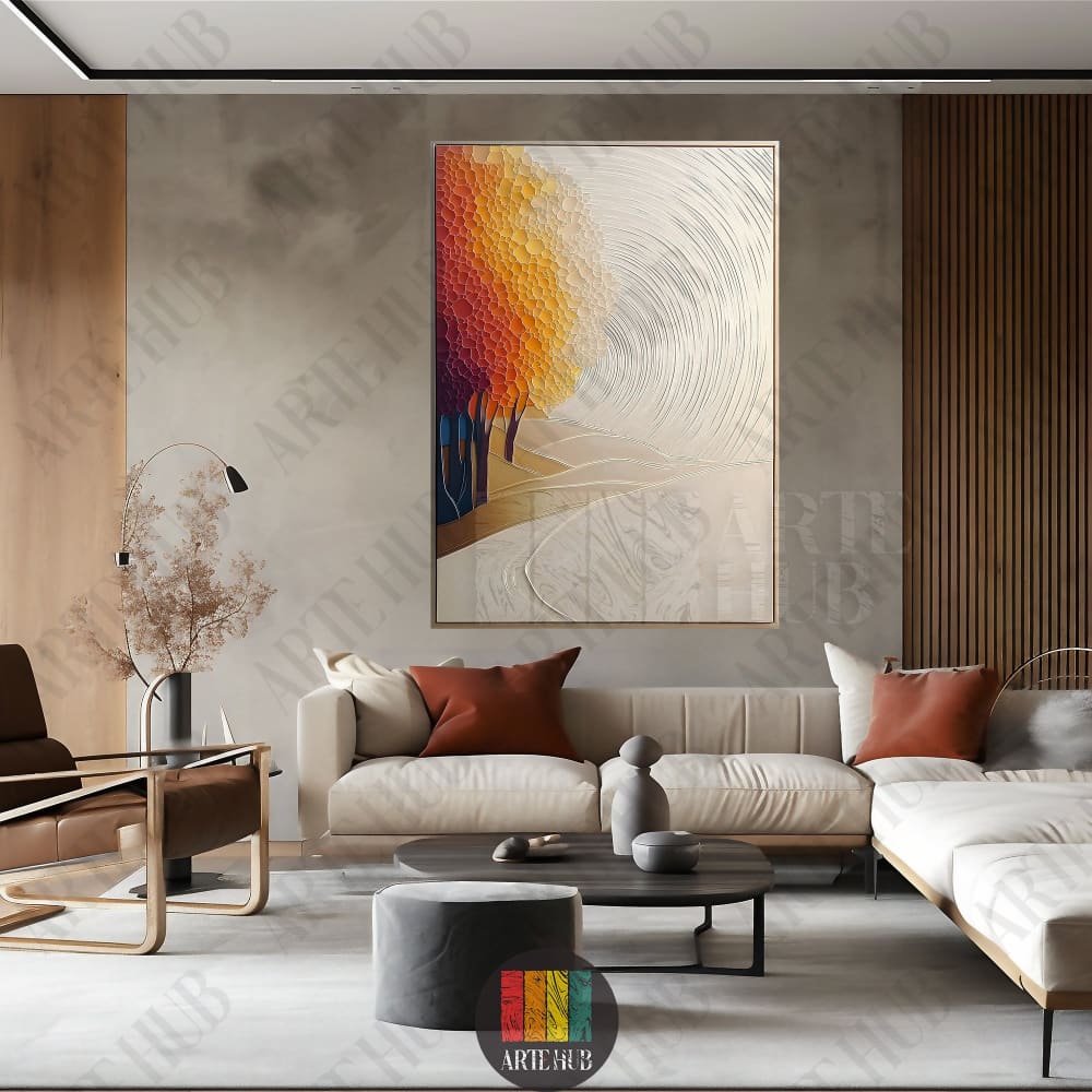 Abstract textured canvas wall art featuring autumn-colored trees and a blue sun with a swirling background, perfect for luxury modern living rooms in Egypt.