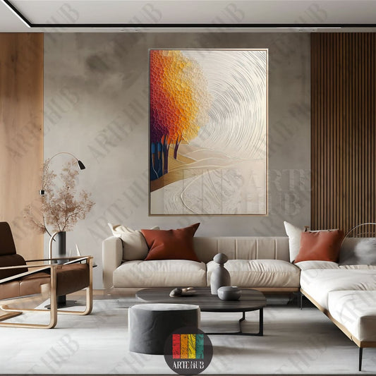 Abstract textured canvas wall art featuring autumn-colored trees and a blue sun with a swirling background, perfect for luxury modern living rooms in Egypt.