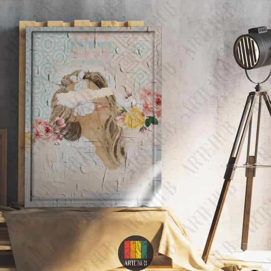 A premium canvas wall art portrait of a woman with pink and yellow roses and a textured geometric pattern background, displayed in a modern interior.