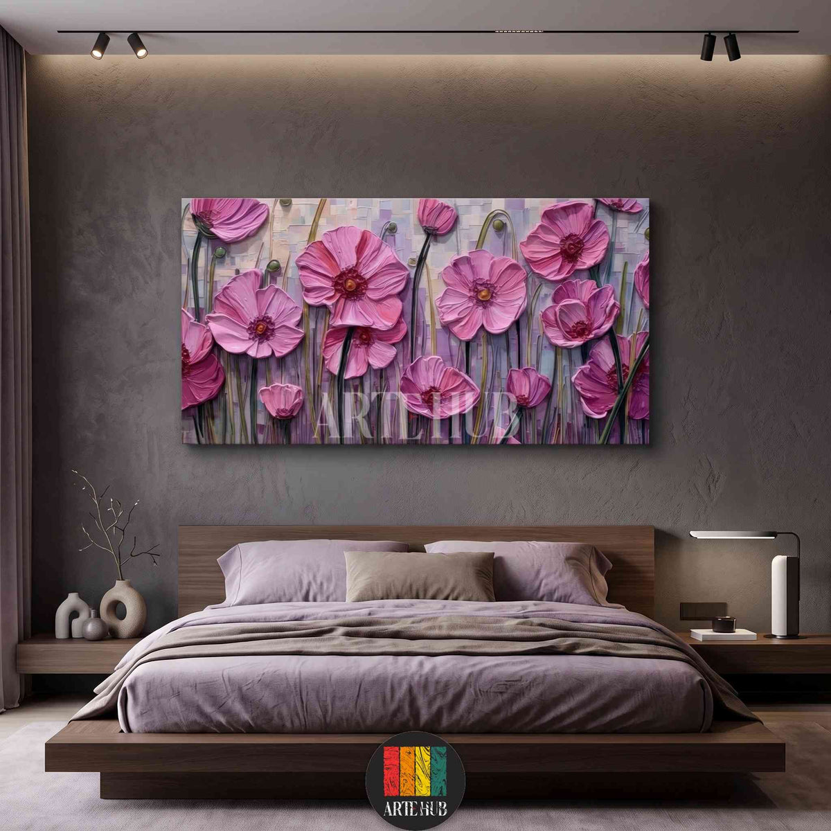 Textured 3D pink poppy flowers on canvas wall art hanging above a modern bed in a luxury bedroom setting, premium home decor in Egypt.