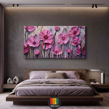 Textured 3D pink poppy flowers on canvas wall art hanging above a modern bed in a luxury bedroom setting, premium home decor in Egypt.