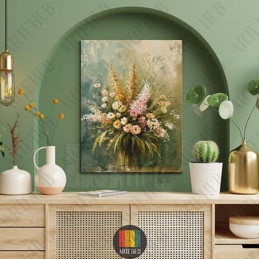 Impressionist style floral bouquet canvas wall art with yellow and white flowers on a muted background, perfect for luxury home decor in Egypt.