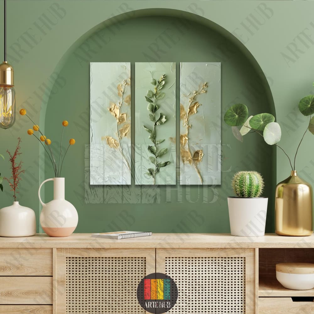 Premium three-panel canvas wall art featuring gold leaf floral stems and green leaves on a textured sage background, perfect for luxury home decor in Egypt.