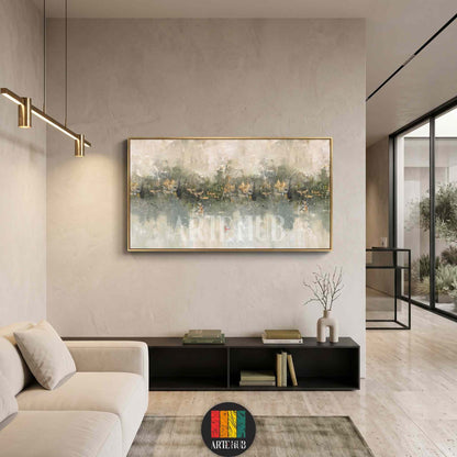 Horizontal abstract canvas wall art with earthy green and gold brushstrokes in a sleek gold frame, styled in a modern Egyptian living room.