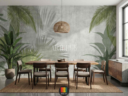 Large scale tropical palm leaf wallpaper mural with grey concrete texture behind a modern dining set in a luxury Egyptian home.
room: dining room