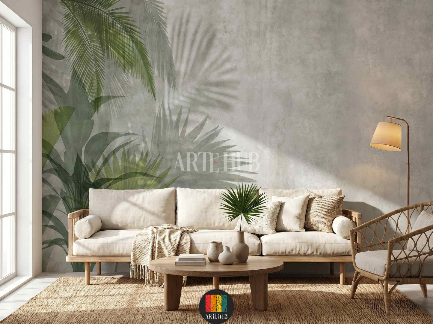 A luxury room featuring tropical palm leaf wallpaper mural on a textured gray wall behind a modern white sofa in an Egyptian home.
room: living room