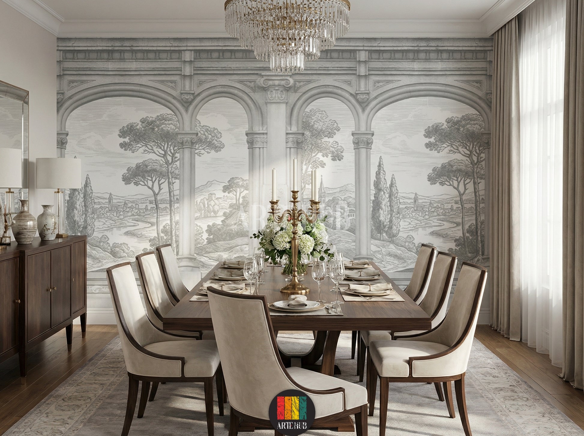 A luxurious dining room featuring a grayscale sketch-style wallpaper mural depicting classical arches and a scenic landscape for modern wall decor in Egypt.
room: dining room