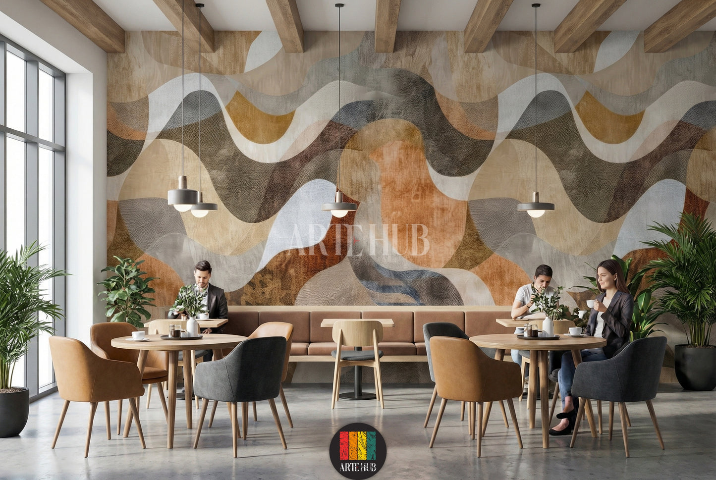 Full view of a modern living room featuring an abstract wavy pattern wallpaper in earthy tones of brown, beige, and grey. A neutral-colored L-shaped sofa with throw blankets and pillows sits against the wall. A dark wood coffee table with decor items, a TV unit, a floor lamp, and two brown leather armchairs are also visible, showcasing contemporary home decor in Egypt.
منظر كامل لغرفة معيشة عصرية تضم ورق حائط بتصميم أمواج تجريدية بألوان ترابية من البني والبيج والرمادي.  L بلون محايد 
room: cafe