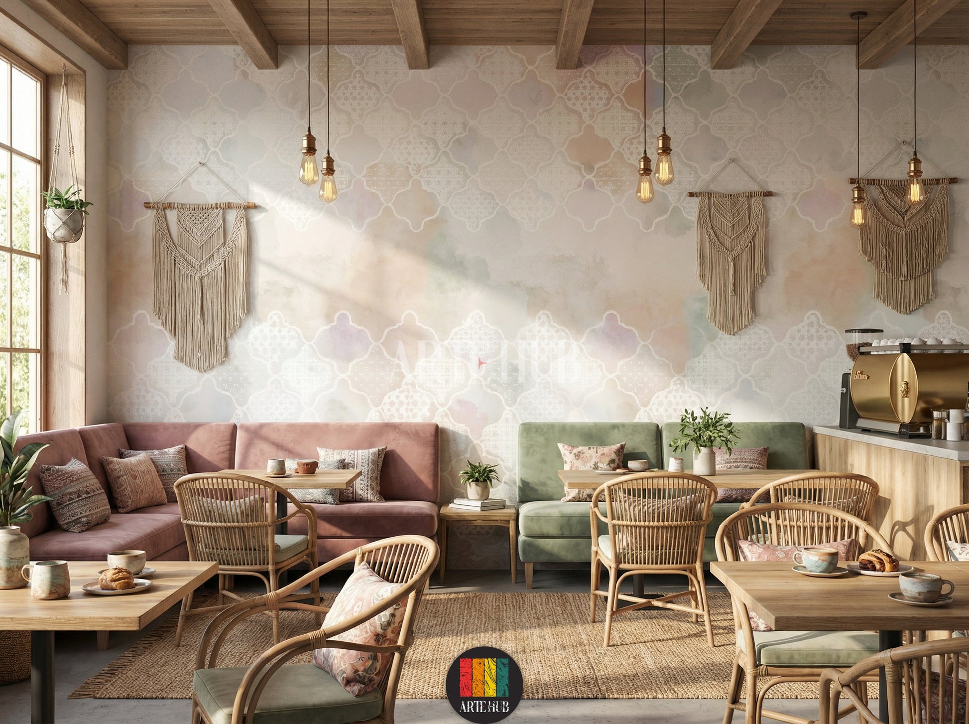 Elegant cafe featuring Alhambra Moroccan pattern wallpaper with a soft watercolor blend of pastel hues. A golden pendant light hangs above a wooden table with rattan chairs. Ideal for modern Egyptian home decor.
كافية أنيق يتميز بورق حائط Alhambra بنمط مغربي وألوان مائية هادئة. ثريا ذهبية معلقة فوق طاولة خشبية وكراسي من الخيزران. مثالي لديكور المنازل العصرية في مصر.
room: cafe