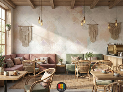 Elegant cafe featuring Alhambra Moroccan pattern wallpaper with a soft watercolor blend of pastel hues. A golden pendant light hangs above a wooden table with rattan chairs. Ideal for modern Egyptian home decor.
كافية أنيق يتميز بورق حائط Alhambra بنمط مغربي وألوان مائية هادئة. ثريا ذهبية معلقة فوق طاولة خشبية وكراسي من الخيزران. مثالي لديكور المنازل العصرية في مصر.
room: cafe