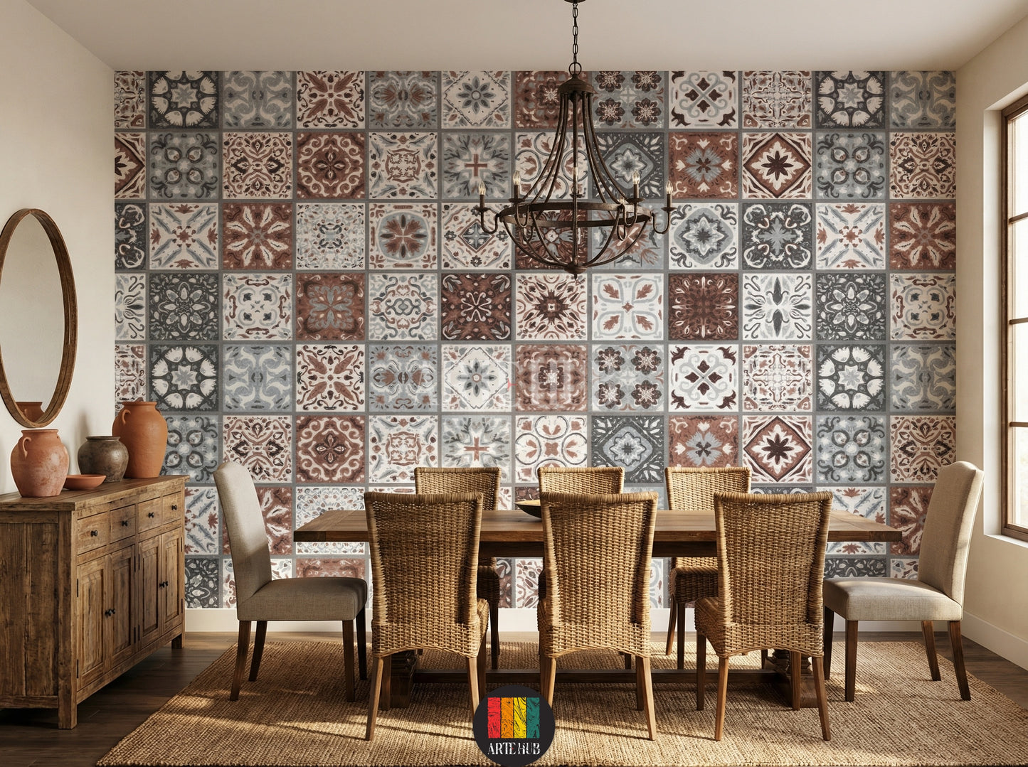 Detailed view of a dining room wall featuring intricate Moroccan tile pattern wallpaper in blue, grey, and brown, enhancing modern home decor in Egypt.
صورة مفصلة لحائط غرفة سفرة مغطى بورق حائط بنقوش بلاط مغربي باللون الأزرق والرمادي والبني، مثالي لديكورات المنازل العصرية في مصر.
room: dining room