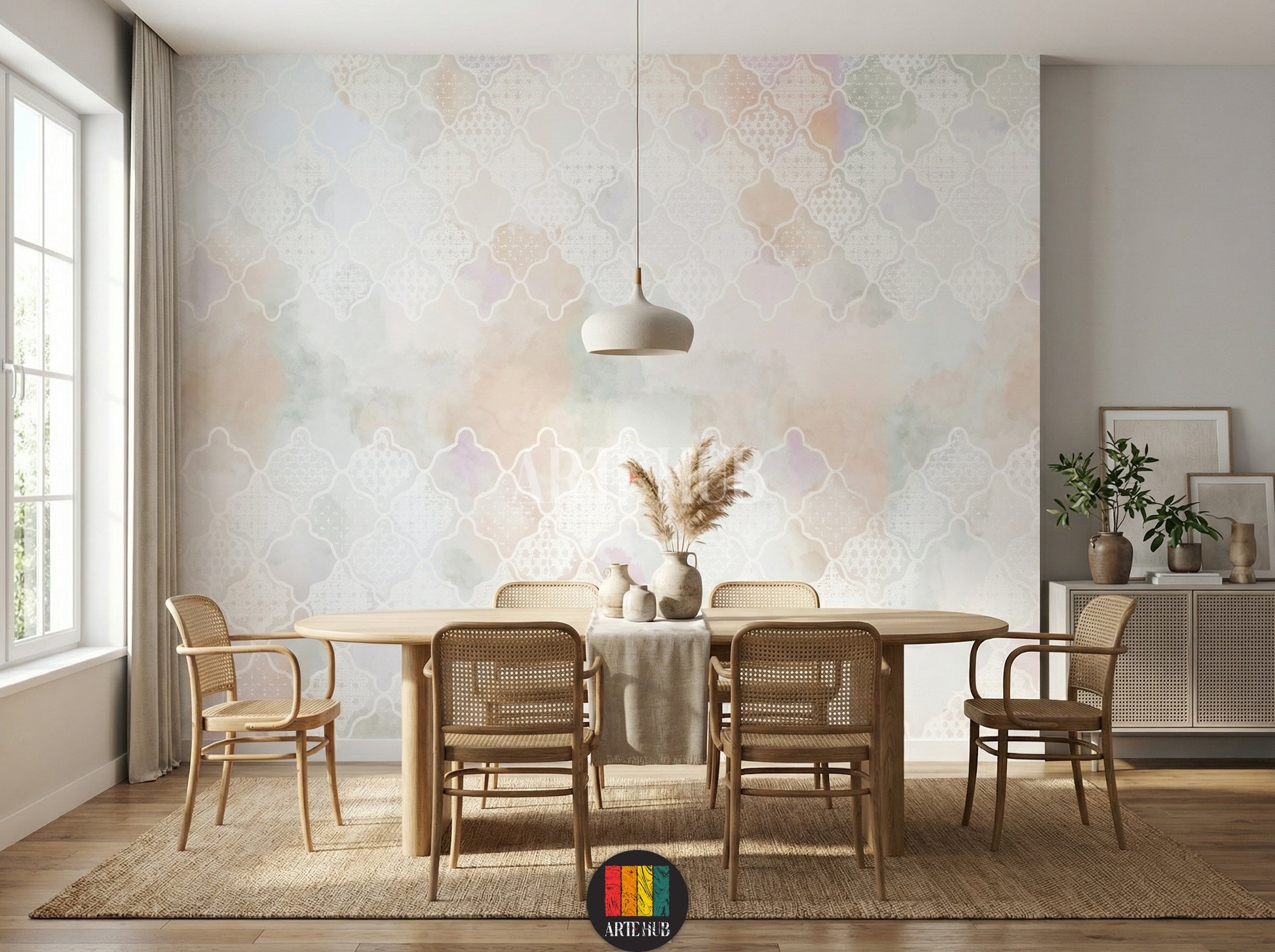 Elegant dining room featuring Alhambra Moroccan pattern wallpaper with a soft watercolor blend of pastel hues. A golden pendant light hangs above a wooden dining table with rattan chairs. Ideal for modern Egyptian home decor.
غرفة طعام أنيقة تتميز بورق حائط Alhambra بنمط مغربي وألوان مائية هادئة. ثريا ذهبية معلقة فوق طاولة خشبية وكراسي من الخيزران. مثالي لديكور المنازل العصرية في مصر.
room: dining room
