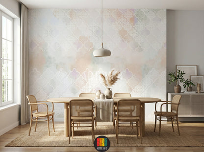 Elegant dining room featuring Alhambra Moroccan pattern wallpaper with a soft watercolor blend of pastel hues. A golden pendant light hangs above a wooden dining table with rattan chairs. Ideal for modern Egyptian home decor.
غرفة طعام أنيقة تتميز بورق حائط Alhambra بنمط مغربي وألوان مائية هادئة. ثريا ذهبية معلقة فوق طاولة خشبية وكراسي من الخيزران. مثالي لديكور المنازل العصرية في مصر.
room: dining room
