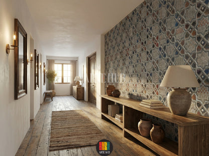 A stylish hallway showcasing a detailed geometric mosaic wallpaper with intricate star and diamond patterns in grey, red, blue, and gold tones. This stunning wall art, perfect for modern Egyptian interiors, enhances the ambiance of any contemporary home decor project in Egypt.
صورة لممر عصري تضم ورق حائط مميز بتصميم فسيفساء هندسي ونقوش نجمية وماسية باللون الرمادي، الأزرق، الأحمر، وتفاصيل ذهبية. هذا الديكور الجداري الأنيق مثالي للمنازل العصرية في مصر، ويضيف لمسة فنية راقية.
room: hallway