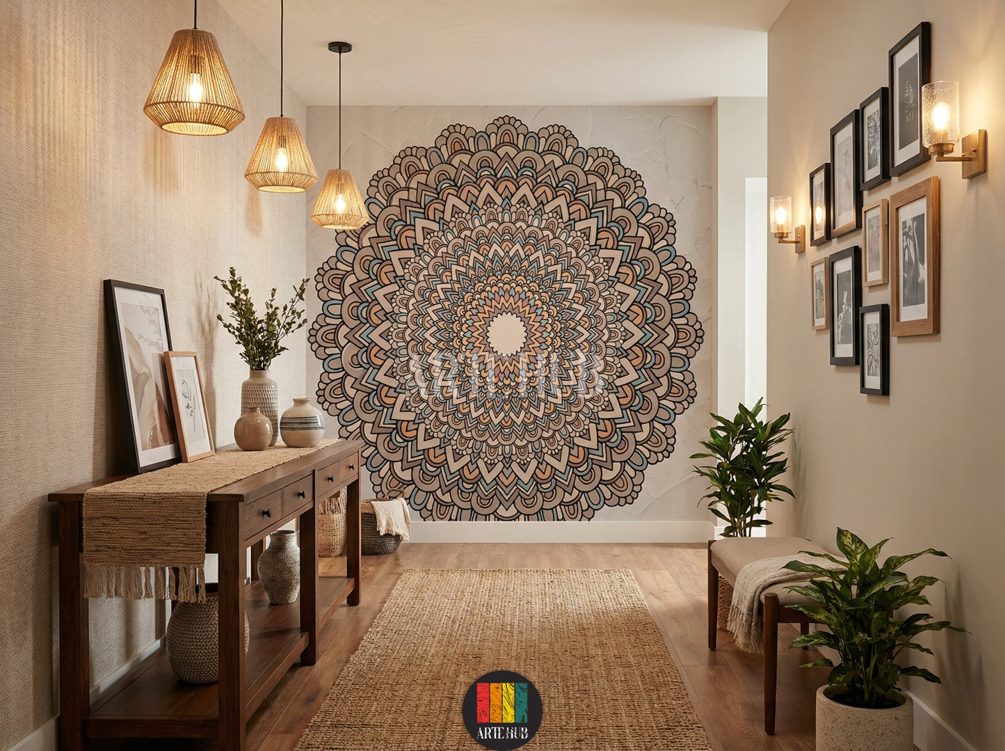 A vibrant, intricate Mandala pattern wallpaper adorning a hallway wall in an Egyptian home, featuring a beige sofa, wooden coffee table, and natural light from a window. Perfect for bohemian or modern Egyptian decor.
ورق حائط بتصميم ماندالا حيوي وملون يغطي جدار ممر في منزل مصري، مع أريكة بيج وطاولة قهوة خشبية وشباك خشبي. مثالي لديكورات مصرية عصرية.
room: hallway