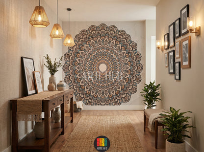 A vibrant, intricate Mandala pattern wallpaper adorning a hallway wall in an Egyptian home, featuring a beige sofa, wooden coffee table, and natural light from a window. Perfect for bohemian or modern Egyptian decor.
ورق حائط بتصميم ماندالا حيوي وملون يغطي جدار ممر في منزل مصري، مع أريكة بيج وطاولة قهوة خشبية وشباك خشبي. مثالي لديكورات مصرية عصرية.
room: hallway