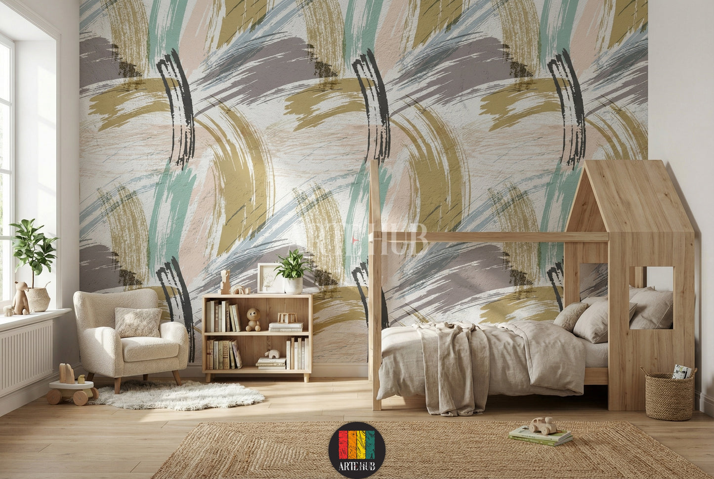 Modern abstract brush stroke wallpaper in muted tones (gold, teal, grey, blush) installed on a wall with a floating wooden staircase in a contemporary Egyptian living space. Perfect for stylish home decoration in Egypt.
ورق حائط عصري بتصميم ضربات فرشاة تجريدية بألوان هادئة (ذهبي، فيروزي، رمادي، وردي) على جدار مع درج خشبي معلق في مساحة معيشة عصرية في مصر. مثالي لديكور الحائط الأنيق في المنازل المصرية.
room: kids bedroom