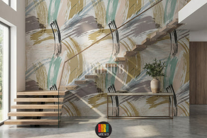 Modern abstract brush stroke wallpaper in muted tones (gold, teal, grey, blush) installed on a wall with a floating wooden staircase in a contemporary Egyptian living space. Perfect for stylish home decoration in Egypt.
ورق حائط عصري بتصميم ضربات فرشاة تجريدية بألوان هادئة (ذهبي، فيروزي، رمادي، وردي) على جدار مع درج خشبي معلق في مساحة معيشة عصرية في مصر. مثالي لديكور الحائط الأنيق في المنازل المصرية.
room: stairs