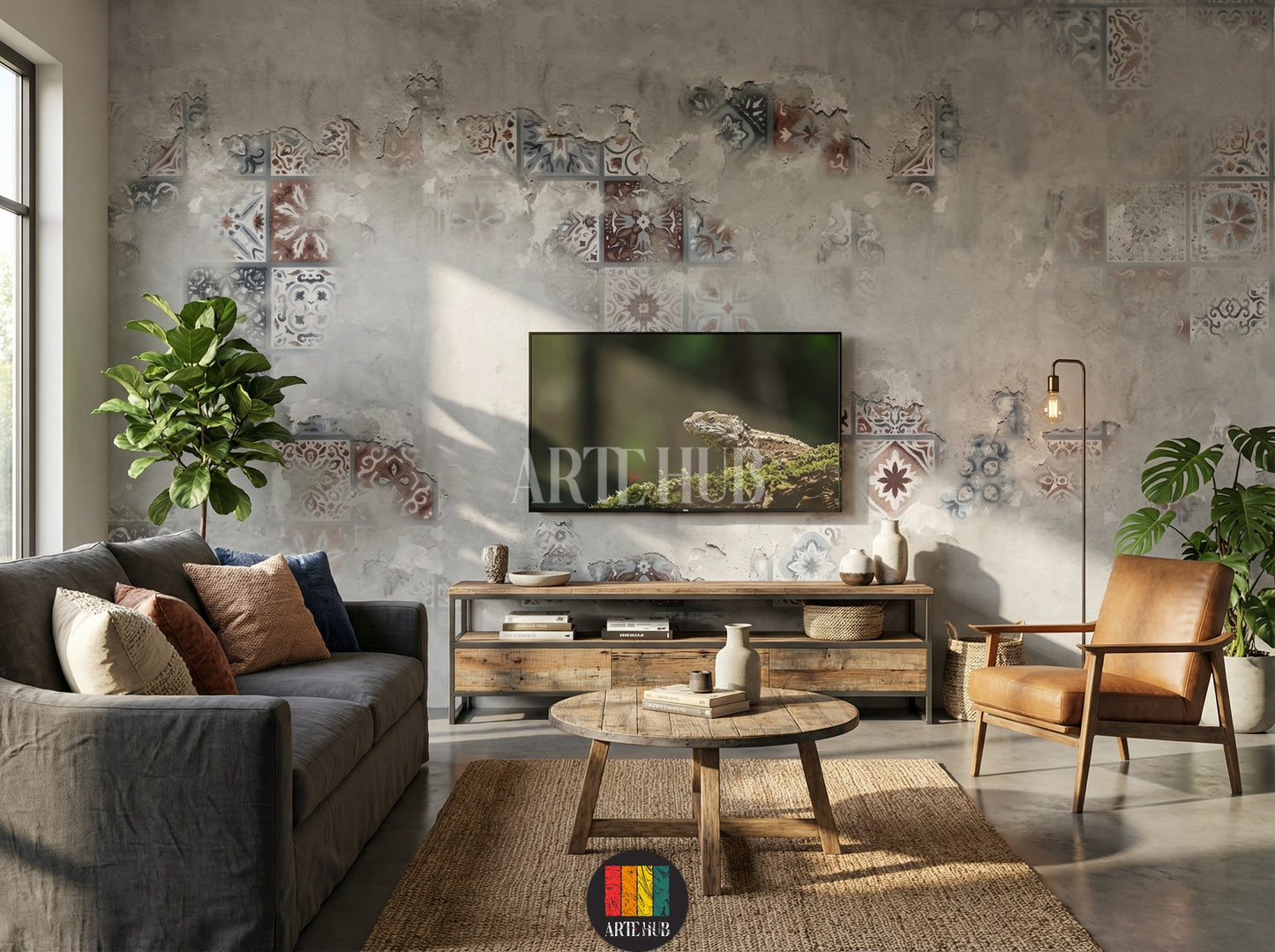 Modern tv room featuring Patina tile-effect wallpaper. Grey wall with distressed texture and faded traditional tile patterns. Ideal wall art for contemporary Egyptian home decor.
غرفة معيشة عصرية تضم ورق جدران بتأثير الباتينا والبلاط. حائط رمادي بتصميم عتيق ونقوش بلاط تقليدية باهتة. مثالي لديكورات المنازل المصرية الحديثة في مصر.
room: tv room
