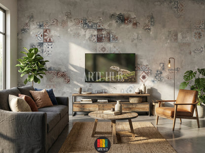 Modern tv room featuring Patina tile-effect wallpaper. Grey wall with distressed texture and faded traditional tile patterns. Ideal wall art for contemporary Egyptian home decor.
غرفة معيشة عصرية تضم ورق جدران بتأثير الباتينا والبلاط. حائط رمادي بتصميم عتيق ونقوش بلاط تقليدية باهتة. مثالي لديكورات المنازل المصرية الحديثة في مصر.
room: tv room