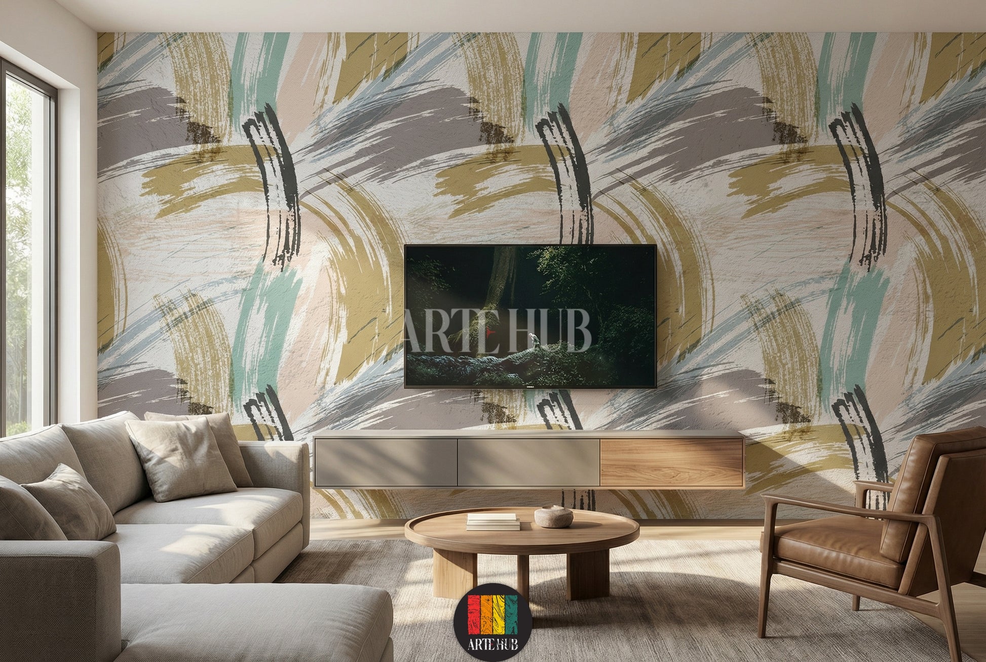 Modern abstract brush stroke wallpaper in muted tones (gold, teal, grey, blush) installed on a wall with a floating wooden staircase in a contemporary Egyptian living space. Perfect for stylish home decoration in Egypt.
ورق حائط عصري بتصميم ضربات فرشاة تجريدية بألوان هادئة (ذهبي، فيروزي، رمادي، وردي) على جدار مع درج خشبي معلق في مساحة معيشة عصرية في مصر. مثالي لديكور الحائط الأنيق في المنازل المصرية.
room: tv