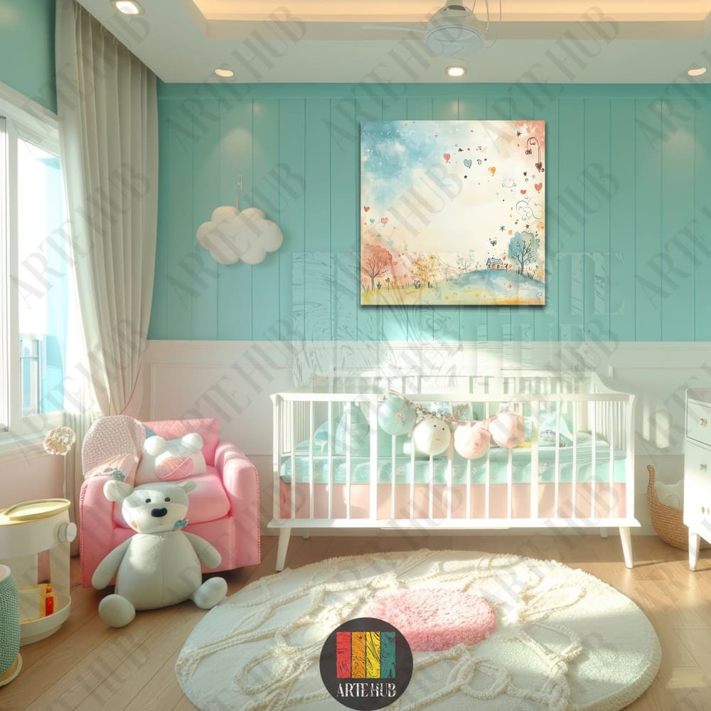 Watercolor style nursery canvas wall art featuring a whimsical landscape with trees and hearts in a teal baby room, luxury home decor Egypt.
