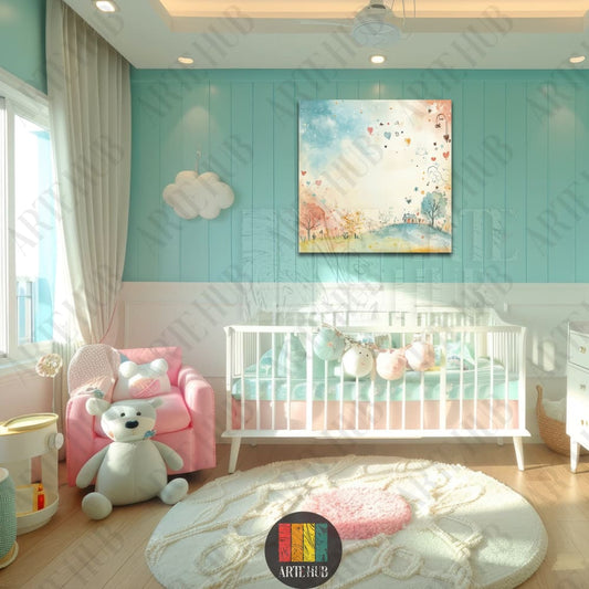 Watercolor style nursery canvas wall art featuring a whimsical landscape with trees and hearts in a teal baby room, luxury home decor Egypt.