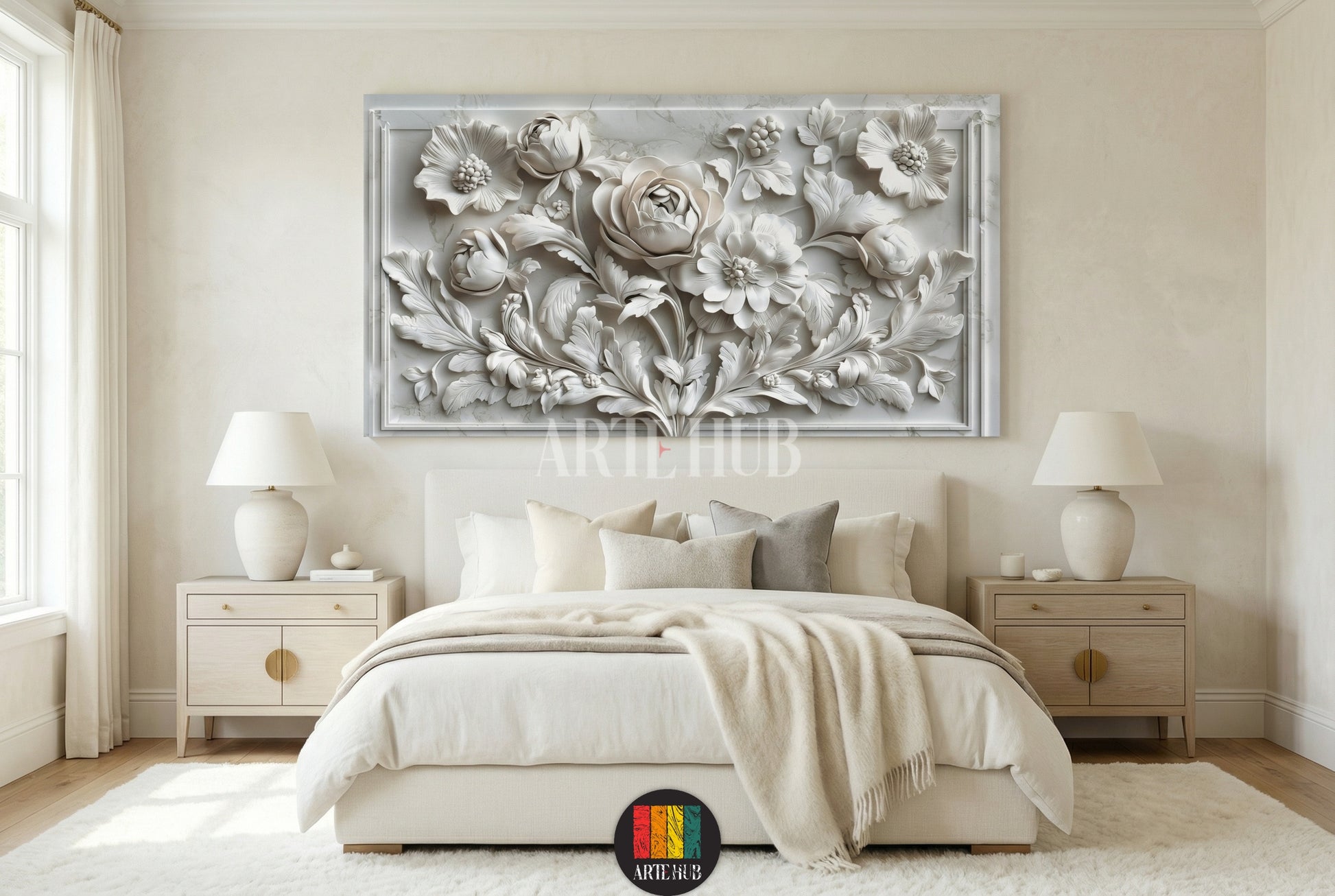 Exquisite 3D white floral bas-relief canvas wall art piece for premium interior design and modern bedroom decor in Egypt.