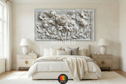 Exquisite 3D white floral bas-relief canvas wall art piece for premium interior design and modern bedroom decor in Egypt.