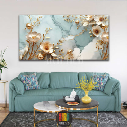 A sophisticated GoldenAura canvas depicting 3D golden flowers and branches on a mint green marble background with golden veins, mounted above a teal sofa in a modern Egyptian living room.
تابلوه GoldenAura فاخر يصور زهورًا ذهبية ثلاثية الأبعاد وفروعًا على خلفية رخامية خضراء فاتحة مع عروق ذهبية، معلق فوق أريكة زرقاء في غرفة معيشة عصرية في مصر.