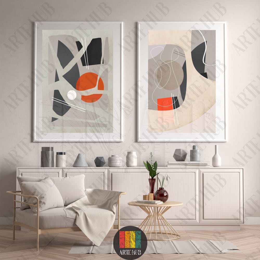 A pair of modern abstract canvas wall art pieces featuring geometric circles and minimalist lines in a luxury Egyptian living room setting.