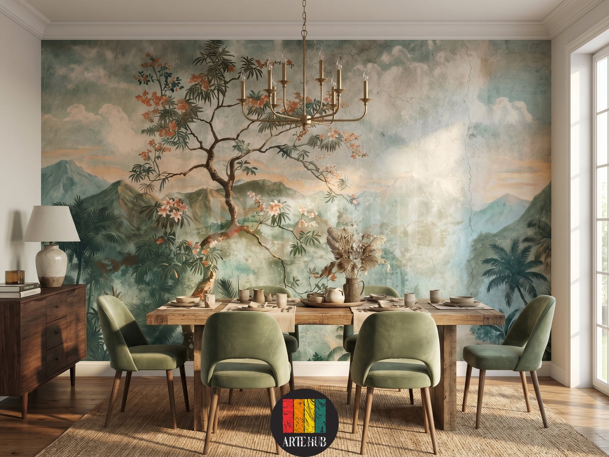 A stunning vintage-style landscape wallpaper mural featuring misty mountains and blossoming trees in a luxury Egyptian dining room.
room: dining room