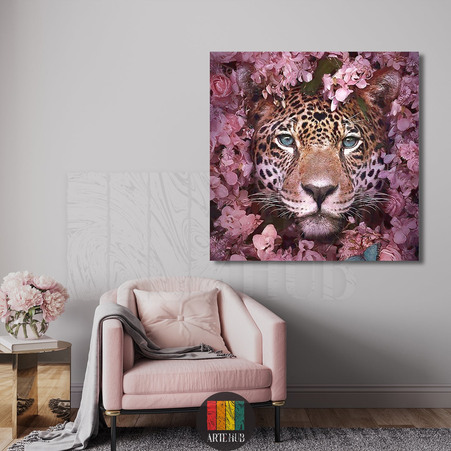 Cute tiger in pink flowers